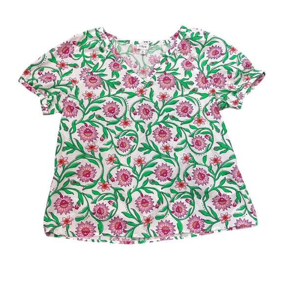 J. Crew Blouse Cotton poplin top Pink Green Floral White Lotus Bloom Medium M - Picture 2 of 14
